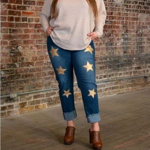 L&B Blue Jeans with Gold Start Patchwork Detail Plus Size 16